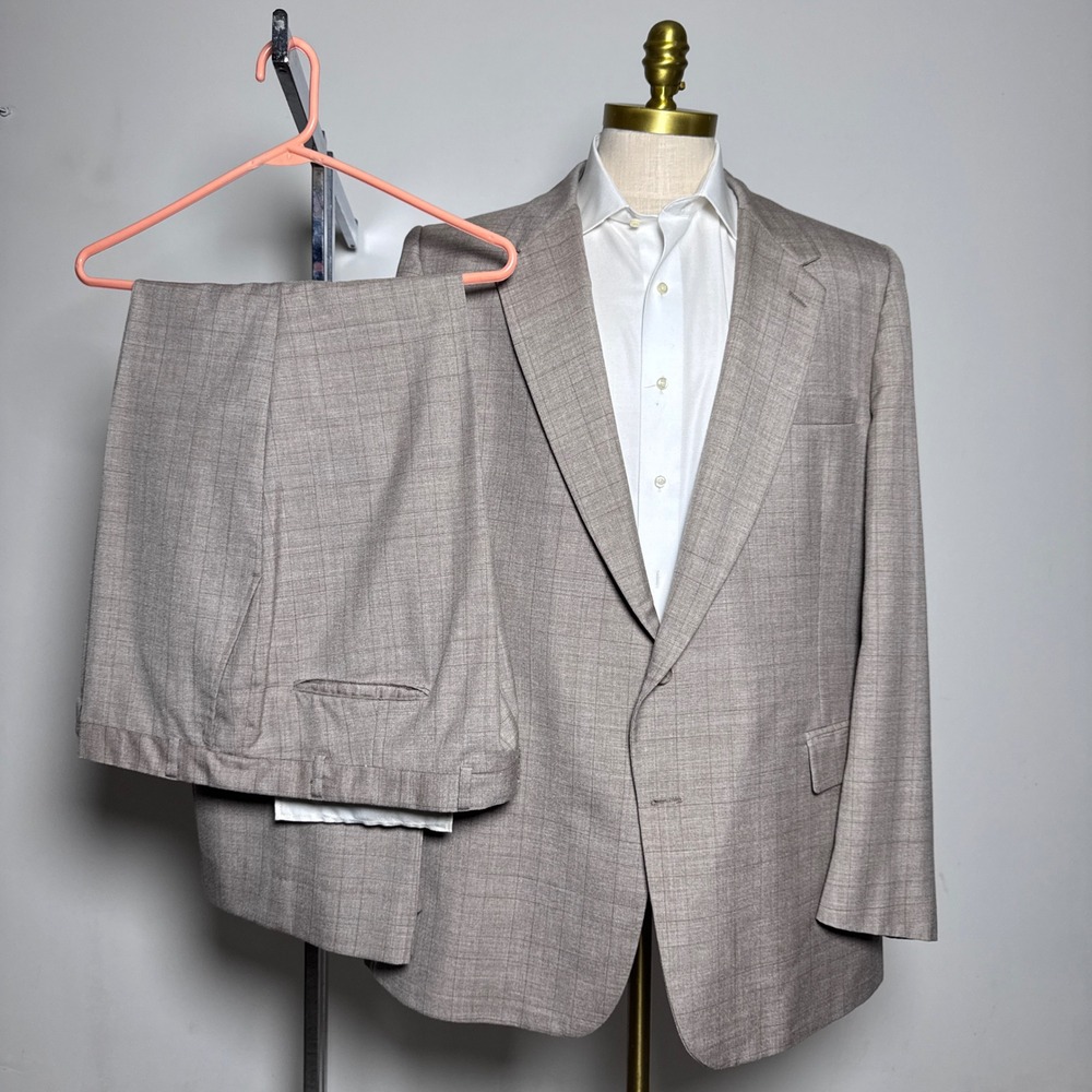 1980s Vintage Oscar‎ de la Renta Suit Mens 44L 42x30 Tan Glen Plaid Wool